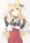  alternate_costume animal_ears bangs bare_shoulders blonde_hair blue_eyes blush breasts commentary_request crossed_bangs eyebrows_visible_through_hair fox_mask fox_shadow_puppet g41_(girls_frontline) girls_frontline gloves grey_background hair_between_eyes hair_ornament hakama head_tilt highres hip_vent japanese_clothes long_hair looking_at_viewer mask simple_background small_breasts smile solo tittu twintails very_long_hair 