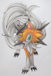  bad_pixiv_id claws creature full_body gen_7_pokemon green_eyes grey_background looking_at_viewer lycanroc marker_(medium) no_humans pokemon pokemon_(creature) simple_background solo soma_somari spikes standing traditional_media 