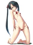  ass_visible_through_thighs bare_legs barefoot bikini black_hair breasts commentary dd_(ijigendd) eyebrows_visible_through_hair green_eyes hair_ribbon kantai_collection kneeling looking_at_viewer lowleg lowleg_bikini micro_bikini mikuma_(kantai_collection) navel red_bikini ribbon shiny shiny_skin side-tie_bikini simple_background small_breasts smile solo strap_gap string_bikini swimsuit twintails white_background 