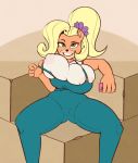  2018 4_fingers anthro bandicoot big_breasts black_nose blonde_hair breasts butt camel_toe clothed clothing coco_bandicoot crash_bandicoot_(series) digital_media_(artwork) female flower flower_in_hair freepancakes fully_clothed fur green_eyes hair hi_res long_hair looking_at_viewer mammal marsupial nipple_bulge overalls plant ponytail shirt simple_background sitting smile solo thick_thighs video_games 