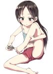  bare_legs barefoot brown_hair clipping_nails commentary_request eyebrows_visible_through_hair flat_chest highres knee_up long_hair miyao_ryuu nail_clippers navel original short_shorts shorts sitting solo stomach tank_top toes white_background 
