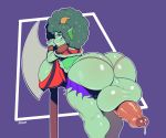  2018 absurd_res axe balls battle_axe big_balls big_breasts big_butt big_penis breasts butt dickgirl dragon erection green_eyes green_hair hair haley_sturmbringer_(character) hi_res horn huge_balls huge_breasts huge_butt huge_penis humanoid_penis intersex looking_at_viewer looking_back melee_weapon nipples penis precum smile solo sqoon thick_thighs voluptuous weapon wide_hips 