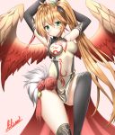  bird_wings black_gloves black_legwear blush breasts brown_hair china_dress chinese_clothes cleavage_cutout commentary_request dress elbow_gloves gloves green_eyes highres kneehighs leilan_(p&amp;d) lilium0235 long_hair medium_breasts puzzle_&amp;_dragons side_ponytail signature smile solo wings 