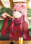  absurdres alphaarietis alternate_costume aqua_eyes bangs casual cellphone character_doll commentary cup darling_in_the_franxx drinking_glass drinking_straw eating eyebrows_visible_through_hair food hairband highres hiro_(darling_in_the_franxx) holding holding_food holding_pizza horns long_hair looking_at_viewer phone pink_hair pizza red_horns red_scarf red_sweater scarf sitting sleeves_past_wrists smartphone solo striped striped_scarf striped_sweater sweater white_hairband zero_two_(darling_in_the_franxx) 