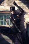  animal_ears batman_(series) black_hair black_suit blue_eyes bodysuit breasts cat_ears catsuit catwoman dc_comics fake_animal_ears gloves goggles goggles_on_head highres lips looking_at_viewer mask official_art shiny shiny_clothes short_hair solo stanley_lau wall whip 