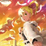  anzu_(hinamatsuri) blonde_hair building chestnut_mouth cowboy_shot dutch_angle feathers hair_ribbon hand_up highres hinamatsuri_(manga) jacket kakari long_hair open_mouth orange_sky ponytail red_ribbon ribbon sack sky skyscraper solo standing sunset white_jacket yellow_eyes 