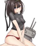  absurdres akizuki_(kantai_collection) arms_between_legs bangs black_shirt blush breasts brown_hair chestnut_mouth chou-10cm-hou-chan collarbone commentary_request eyebrows_visible_through_hair full_body grey_eyes hair_between_eyes hairband highres kantai_collection kiritto long_hair looking_at_viewer nipples panties red_panties see-through shirt short_sleeves underwear white_background 