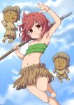  armpits bare_shoulders barefoot blue_sky blush cloud coconut crying day doll grass_skirt hinamatsuri_(manga) holding holding_spear holding_weapon leaf_bra mao_(hinamatsuri) nana-ine navel outdoors polearm red_eyes red_hair sky solo spear standing standing_on_one_leg tears thick_eyebrows wavy_mouth weapon 