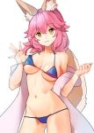  :3 animal_ear_fluff animal_ears bare_shoulders bikini blue_bikini breasts commentary_request cowboy_shot eyebrows_visible_through_hair fate/grand_order fate_(series) fox_ears fox_tail hair_between_eyes halterneck long_hair looking_at_viewer medium_breasts navel pink_hair shovelwell simple_background solo swimsuit tail tamamo_(fate)_(all) tamamo_no_mae_(swimsuit_lancer)_(fate) unfinished 