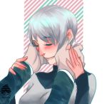  1boy 1girl artist_name blush connor_(rk800) detroit_become_human eyes_closed hand_on_another&#039;s_arm hands_on_another&#039;s_face hetero kara_(ax400) short_hair smile suit white_hair 