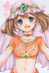  :d arabian_clothes bad_id bad_pixiv_id blush breasts brown_hair circlet collarbone eyelashes happy haruka_(pokemon) looking_at_viewer marker_(medium) medium_breasts medium_hair midriff navel open_mouth pokemon pokemon_(anime) pokemon_dp_(anime) smile solo soma_somari traditional_media 