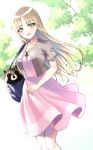  :d animal bag bangs blonde_hair blurry blurry_background blush brown_eyes brown_jacket collarbone commentary_request day depth_of_field dress dutch_angle eyebrows_visible_through_hair fingernails jacket long_hair nijisanji open_clothes open_jacket open_mouth outdoors parted_bangs pink_dress raccoon shirihime shoulder_bag sister_cleaire smile solo very_long_hair virtual_youtuber 