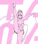  absurdres akagi_asahito blush commentary_request copyright_request flower gymnast_leotard gymnastics gymnastics_ribbon hair_bun hair_flower hair_ornament highres leotard monochrome pink rhythmic_gymnastics solo split standing standing_on_one_leg standing_split 