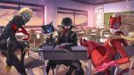  2boys amamiya_ren black_hair black_jacket blonde_hair boots cat cat_mask classroom commentary crossed_legs dagger desk domino_mask finger_to_mouth gloves highres ian_olympia indoors jacket looking_at_viewer mask morgana_(persona_5) multiple_boys persona persona_5 red_gloves sakamoto_ryuuji scarf school_desk skull_mask smile takamaki_anne thigh_boots thighhighs twintails weapon window 
