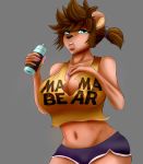  bear big_breasts breasts brown_hair cleavage clothed clothing exercise female gwizzly hair looking_at_viewer mammal shirt shorts solo tank_top text torn_clothing water 