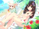  bangs bare_legs bare_shoulders barefoot beach bikini black_hair blue_sky bracelet chair commentary cup day drink drinking_glass drinking_straw earrings flower green_eyes hair_flower hair_ornament hat hibiscus hood hood_down hoodie idolmaster idolmaster_cinderella_girls jewelry long_hair long_sleeves looking_at_viewer lotion_bottle lounge_chair lying morikubo_nono multiple_girls nail_polish on_back outdoors petals purple_nails ringlets shibuya_rin short_shorts shorts sitting sky straw_hat striped_hoodie stud_earrings summer sunbathing swimsuit tropical_drink uso_(ameuzaki) 