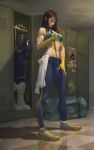  absurdres biceps blanka blue_pants boots boots_removed brown_hair checkered checkered_floor chinese_clothes chun-li closed_eyes hair_down highres locker locker_room maki_(artofmaki) medium_hair midriff muscle navel pants photo_(object) smile solo sports_bra standing stomach street_fighter street_fighter_ii_(series) street_fighter_zero_(series) toned wrist_wrap 