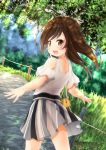 :d absurdres bag bangs bare_shoulders blurry blurry_background blush brown_eyes brown_hair commentary_request day depth_of_field eyebrows_visible_through_hair grey_skirt handbag highres long_hair looking_at_viewer looking_back maru_shion open_mouth original outdoors road short_sleeves shoulder_bag shoulder_cutout skirt smile solo striped sunlight upper_teeth vertical-striped_skirt vertical_stripes white_legwear 