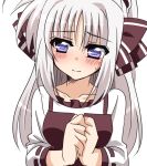  bangs black_bow blush bow closed_mouth dress eyebrows_visible_through_hair frown hair_bow hands_together long_hair long_sleeves looking_away lyrical_nanoha purple_eyes rinne_berlinetta san-pon silver_hair solo sweatdrop upper_body vivid_strike! white_dress 