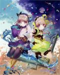  absurdres atelier_(series) atelier_lydie_&amp;_suelle blush boots bow bowtie breasts brush cleavage gloves hairband highres ink long_hair looking_at_viewer lydie_marlen multiple_girls noco_(adamas) official_art open_mouth paintbrush pink_eyes pink_hair ponytail scan short_hair siblings side_ponytail sisters sitting skirt small_breasts smile suelle_marlen thighhighs twins yellow_bow yuugen 