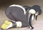  1girl 6q_(rokuku) all_fours ass bdsm black_hair blue_eyes blush bondage boots bound_arms bound_feet breasts cameltoe clenched_teeth helpless ikaruga_(senran_kagura) large_breasts long_hair looking_at_viewer looking_back military military_uniform pantyhose restrained senran_kagura senran_kagura_(series) shiny shiny_clothes shiny_hair sideboob skirt skirt_lift solo uniform 