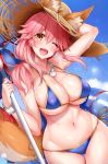  ;d absurdres animal_ear_fluff animal_ears arm_up bangs bare_shoulders bikini blue_bikini blue_gk blue_sky blush bracelet breasts cleavage commentary_request day eyebrows_visible_through_hair fang fate/extra fate/grand_order fate_(series) fox_ears fox_tail hair_between_eyes hat highres hips innertube jewelry large_breasts long_hair looking_at_viewer navel necklace one_eye_closed open_mouth outdoors parasol pink_hair side-tie_bikini sidelocks sky smile solo straw_hat sun_hat swimsuit tail tamamo_(fate)_(all) tamamo_no_mae_(swimsuit_lancer)_(fate) thighs umbrella wet yellow_eyes 