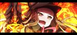  :d absurdres arm_up bangs black_gloves black_hat brown_eyes brown_hair chacha_(fate/grand_order) commentary_request fangs fate/grand_order fate_(series) fire flaming_sword forehead fur_collar gloves hat highres katana letterboxed looking_at_viewer open_mouth parted_bangs peaked_cap pink_ribbon protected_link ribbon smile solo sword v-shaped_eyebrows wada_kazu weapon 