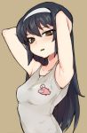  anglerfish armpits arms_up black_hair breasts brown_background brown_eyes empty_eyes gesugao girls_und_panzer glaring hairband jorin long_hair looking_at_viewer parted_lips reizei_mako simple_background small_breasts solo 