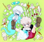 artist_name black_shirt brothers clenched_teeth crying cuphead cuphead_(game) drinking_straw ghost gloves green_background halo heart kaitensushi_iketa long_sleeves male_focus mugman multiple_boys open_mouth personification shirt siblings simple_background teeth white_gloves white_hair 