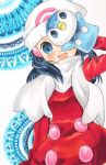  :d bad_id bad_pixiv_id blue_background blue_eyes blue_hair blush coat covering_one_eye eyelashes gen_4_pokemon hand_puppet happy hikari_(pokemon) long_hair long_sleeves looking_at_viewer marker_(medium) open_mouth piplup pokemon pokemon_(game) pokemon_dppt pokemon_platinum puppet scarf smile solo soma_somari traditional_media upper_body white_background white_scarf winter_clothes 