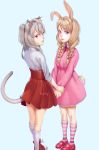  animal_ears artist_name blue_background braid brown_hair bunny_ears bunny_tail cat_ears cat_tail commentary dress elin_(tera) highres holding_hands kneehighs long_hair looking_back mary_janes mavoly multiple_girls pink_dress ponytail red_eyes red_skirt shirt shoes signature silver_hair simple_background skirt smile striped striped_legwear tail tera_online twin_braids twintails white_legwear white_shirt 