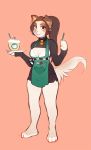  apron breasts canine cleavage clothed clothing collar dog female hensa keyhole_turtleneck lexie looking_at_viewer mammal simple_background solo standing starbucks sweater tan_background 
