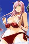  bangs bare_shoulders bikini blue_sky blush bracelet breasts commentary_request cowboy_shot darling_in_the_franxx day eyebrows_visible_through_hair eyeliner from_below front-tie_bikini front-tie_top green_eyes hairband horns jewelry large_breasts long_hair makeup navel nipples parted_lips pink_hair red_bikini side-tie_bikini sidelocks sky solo swimsuit tea_(nakenashi) wading wardrobe_malfunction zero_two_(darling_in_the_franxx) 