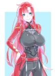  archer archer_(cosplay) bad_id bad_twitter_id bangs belt black_bodysuit blue_background blush bodysuit border boudica_(fate/grand_order) breasts closed_mouth commentary_request cosplay covered_navel earrings eyebrows_visible_through_hair fate/grand_order fate/stay_night fate_(series) green_eyes hand_on_hip highres hips jewelry large_breasts long_hair looking_at_viewer mila_(yuta27315) red_hair red_shirt shirt simple_background smile solo waist_cape white_border 
