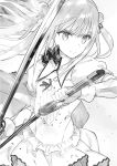 1girl assassins_pride bow breasts choker cleavage cleavage_cutout double_bun dual_wielding floating_hair gloves greyscale hair_between_eyes hair_ribbon highres holding holding_sword holding_weapon long_hair merida_angel miniskirt monochrome ninomoto novel_illustration official_art ribbon shiny shiny_hair short_sleeves skirt small_breasts solo standing sword weapon 