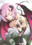  absurdres ass bangs bare_shoulders blush bridal_gauntlets demon_girl demon_horns demon_tail demon_wings fingernails highres horns looking_at_viewer misaki_kurehito nipples one_eye_closed original pink_hair pointy_ears purple_eyes scan shiny shiny_skin short_hair simple_background smile solo tail thighhighs toeless_legwear wings 