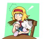  1girl alice_margatroid blonde_hair blue_dress blue_eyes capelet chair constricted_pupils cup dress dropping eyebrows_visible_through_hair giantcavemushroom green_background hairband medium_hair necktie red_hairband red_neckwear saucer simple_background sitting solo spit_take spitting surprised table tea teacup touhou transparent_background two-tone_background upper_body wide-eyed 