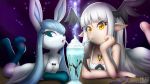  2018 anthro blue_sclera breasts clothed clothing demon digital_media_(artwork) duo eating eeveelution female fur glaceon hair hi_res humanoid legs_up looking_at_viewer lying mammal mellow_(character) milkshake nintendo on_front open_mouth pok&eacute;mon pok&eacute;mon_(species) rilex_lenov star straw tongue video_games white_eyes white_hair wings yellow_eyes 