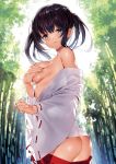  ass bamboo bamboo_forest bangs bare_shoulders black_hair blue_eyes blunt_bangs blush breast_hold breasts clenched_hand collarbone covering covering_breasts cowboy_shot day deep_skin forest hair_ribbon hakama hand_up highres japanese_clothes large_breasts legs_together lips long_hair long_sleeves looking_at_viewer miko nature nontraditional_miko off_shoulder open_clothes original orihi_chihiro outdoors parted_lips red_hakama red_ribbon red_skirt ribbon ribbon-trimmed_sleeves ribbon_trim scan shiny shiny_skin sideboob sidelocks skirt skirt_pull solo standing teeth twintails wide_sleeves 