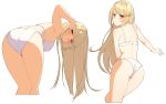  ass bangs bent_over blonde_hair blush bra breasts chinese_commentary commentary_request from_behind hair_tucking highres hikari_(xenoblade_2) icarus_(632247131) large_breasts long_hair looking_at_viewer looking_back multiple_views panties sidelocks simple_background swept_bangs underwear underwear_only v-shaped_eyebrows white_background white_bra white_panties xenoblade_(series) xenoblade_2 yellow_eyes 