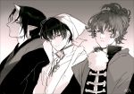  akgi commentary_request gradient gradient_background grey_background greyscale hakutaku_(hoozuki_no_reitetsu) hoozuki_(hoozuki_no_reitetsu) hoozuki_no_reitetsu horn japanese_clothes long_sleeves looking_at_viewer male_focus monochrome multiple_boys oni_horn pointy_ears white_coat 
