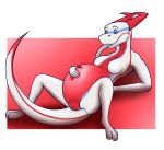  2018 anthro belly big_belly breasts devv digital_media_(artwork) digitigrade dragon featureless_breasts female hand_on_stomach hi_res horn inflation lauryl lying navel nude on_back pussy red_belly simple_background smile solo solo_focus white_skin 