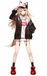  bare_legs baseball_cap blonde_hair blue_eyes collar commentary_request dog_tail full_body hand_in_pocket hat hat_tip hat_with_ears highres hood hoodie jacket kmnz long_hair mc_lita no_pants off_shoulder open_clothes open_jacket red_footwear shugao smile tail virtual_youtuber white_background 