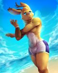  absurd_res anthro antlers artemis beach big_thighs bulge clothed clothing hare hi_res horn jackalope lagomorph looking_aside male mammal neck_tuft nurinaki outside rabbit seaside solo stretching swimming_trunks swimsuit topless tuft 