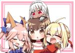  :d :o ^_^ absurdres altera_(fate) animal_ears bare_shoulders belt blonde_hair blue_bow blush bow braid brown_eyes brown_hair chibi choker closed_eyes commentary_request dark_skin detached_sleeves dress epaulettes fate/extella_link fate/extra fate_(series) fox_ears girl_sandwich hair_bow hair_ribbon harem highres hug jako_(jakoo21) juliet_sleeves kishinami_hakuno_(female) long_hair long_sleeves multiple_girls nero_claudius_(fate) nero_claudius_(fate)_(all) on_head open_mouth pink_hair puffy_sleeves red_choker red_dress red_eyes red_ribbon ribbon sandwiched shirt silver_hair smile tamamo_(fate)_(all) tamamo_no_mae_(fate) twintails white_shirt yuri 