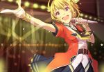  :d ahoge bangs belt blonde_hair blue_skirt blurry blurry_background collared_shirt commentary_request highres holding holding_microphone ibuki_tsubasa idolmaster idolmaster_million_live! jacket microphone necktie open_mouth pointing purple_eyes round_teeth shiny_trinity shirt short_hair short_sleeves skirt smile solo song_name stage_lights star teeth twitter_username upper_teeth wristband yoshito 