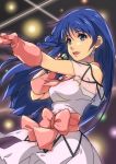  1girl blue_eyes blue_hair blurry blurry_background bow chiharu_(9654784) dress earrings floating_hair gloves highres holding holding_microphone jewelry long_hair lynn_minmay macross macross:_do_you_remember_love? microphone music outstretched_arm pink_bow pink_gloves short_dress singing solo very_long_hair white_dress 