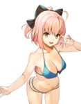  ahoge bikini black_bow blue_bikini bow breasts cleavage fate/grand_order fate_(series) hair_bow half_updo koha-ace looking_at_viewer medium_breasts navel okita_souji_(fate) okita_souji_(fate)_(all) outstretched_arm pink_hair shovelwell simple_background smile solo swimsuit v_over_eye white_background yellow_eyes 