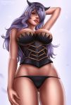  1girl armor ass bare_shoulders black_thong breasts camilla_(fire_emblem_if) cleavage fire_emblem fire_emblem_if flowerxl gluteal_fold intelligent_systems lips makeup nintendo purple_eyes purple_hair red_lipstick thighs thong tiara 