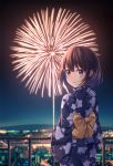  blush bow brown_eyes brown_hair city commentary fireworks floral_print horizon japanese_clothes kawami_nami kimono long_sleeves looking_at_viewer looking_back night night_sky original outdoors purple_kimono railing river short_hair sky smile solo yellow_bow 